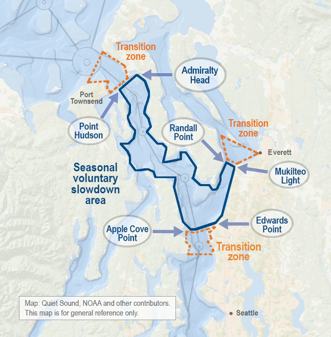 A map of Puget Sound with a blue line drawn around part of the water.
