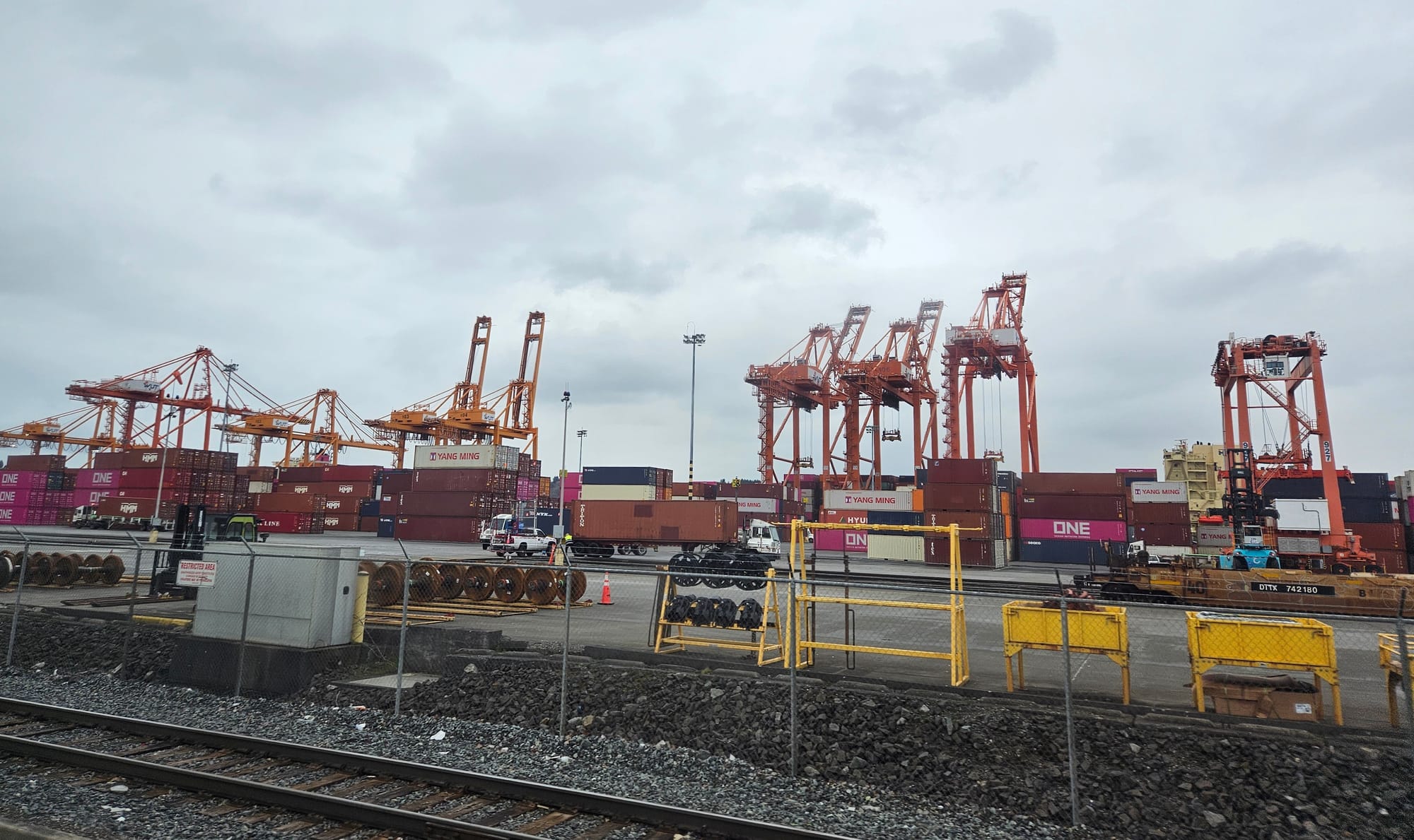 Tall yellow and orange shipping cranes lined up behind shipping containers.