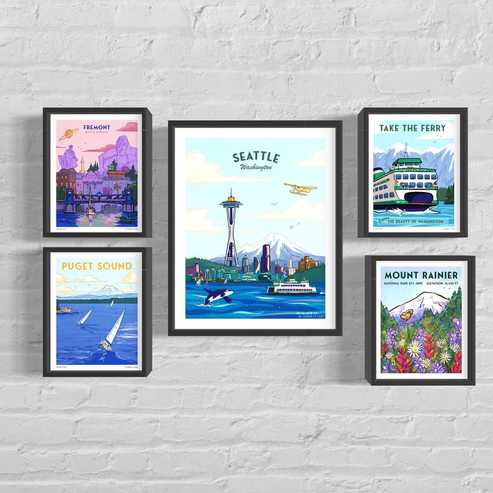 Five framed posters highlighting Puget Sound, Seattle, Ferries and Mount Rainier.