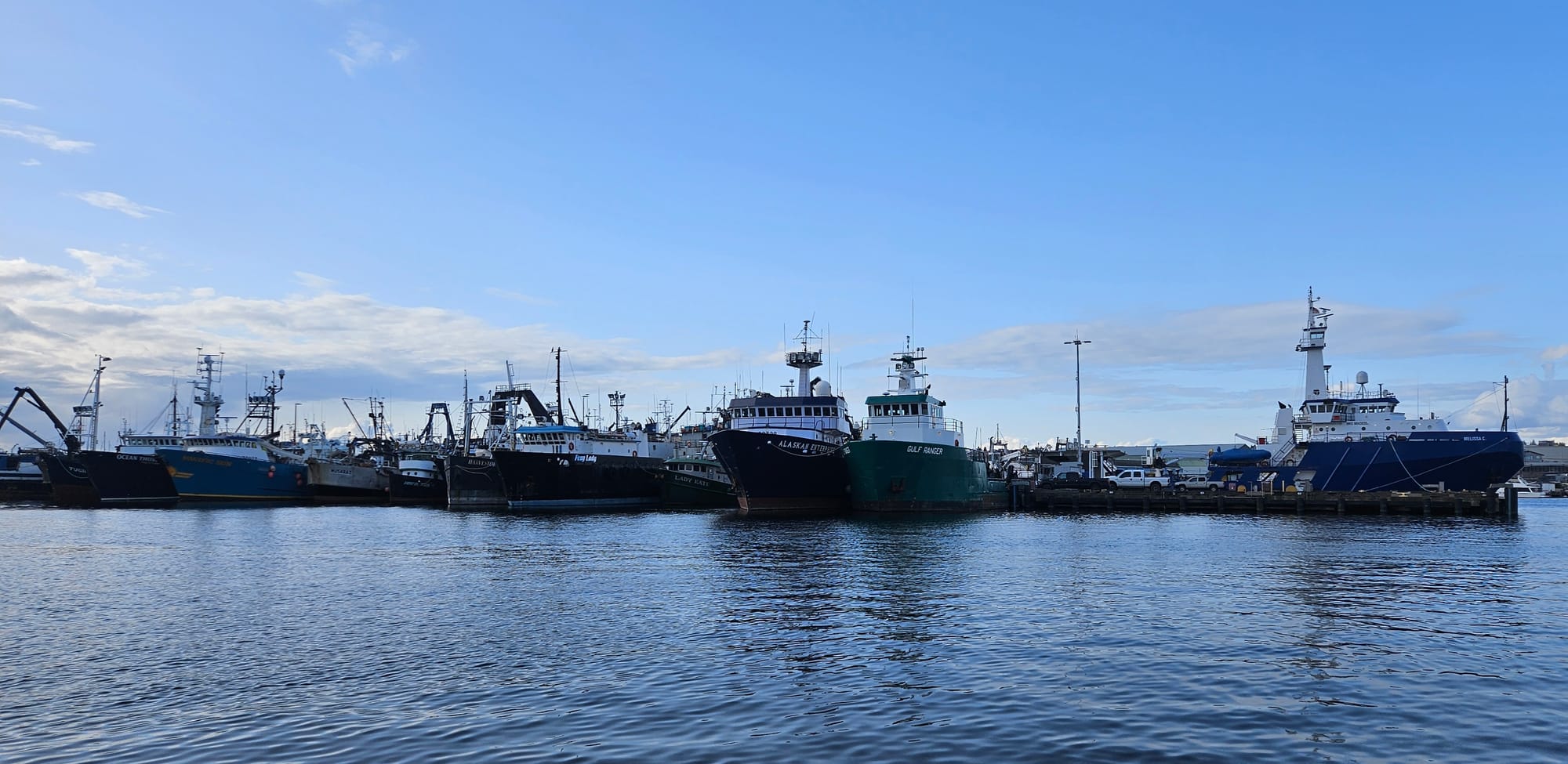 A dozen larger ships side by side at a long dock with one blue ship at the end.