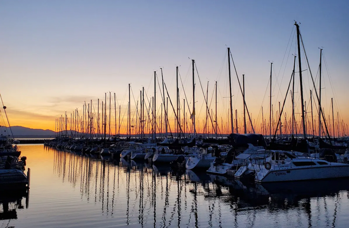 Dozens of sailboats at the dock with an orange sunset and mountains behind them.